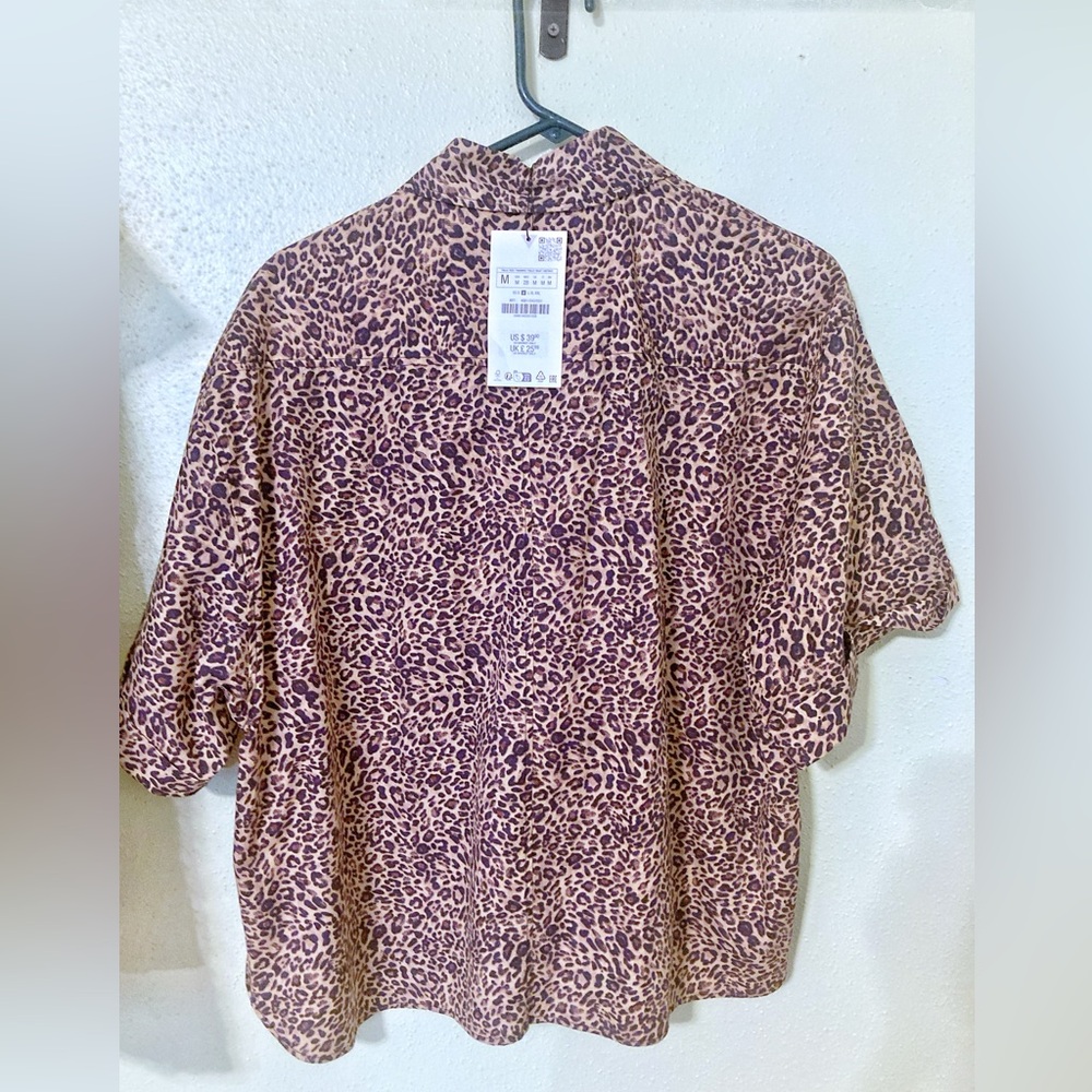 Zara NWT  button down cotton poplin Animal Print Blouse - Picture 3 of 5